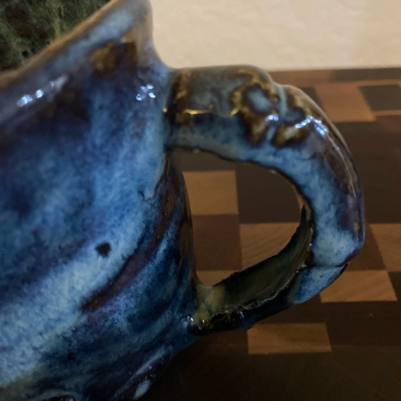 Signed Handcrafted Ceramic Textured Drip Glaze Multi Tonal Rustic Blue BrownMug - Picture 4 of 9